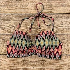 VS 32C Bikini Top Victoria's Secret Warm Ikat Foil The Getaway Halter Scalloped